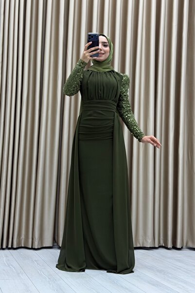 Matik Abiyem Long Sleeve Draped Detailed Chiffon Evening Dress