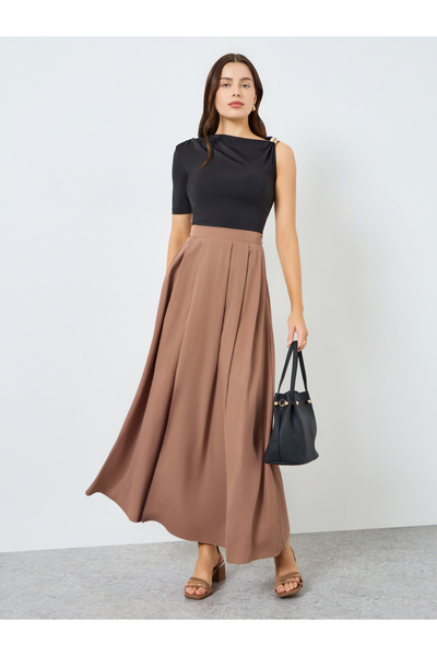 Styli Women Khaki Pleated A-Line Maxi Skirt