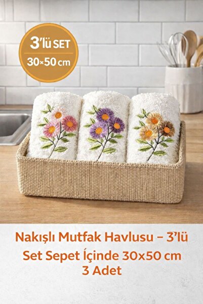 Naturel Collection Hasır Sepette Nakışlı 3'lü Çeyizlik Hediyelik 30x50 Mutfak...