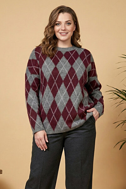 YXL COLLECTION Kadın Büyük Beden Likralı Bisiklet Yaka Oversize Ekose Baklava...