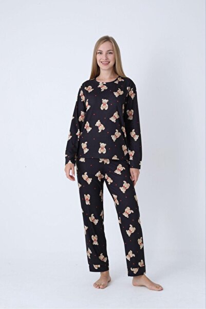 Hukateks Patterned Oversized Long Sleeve Women's Pajama Set