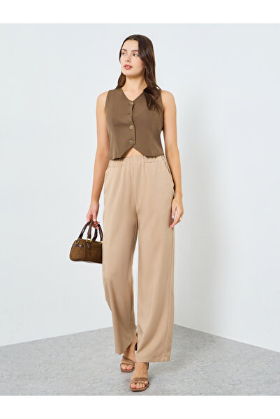 Styli Women Beige Elastic Waist Wide Leg Pants