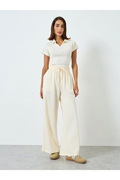 Take Two By Styli Women Beige Wide Leg Pants with Drawstring Waist
