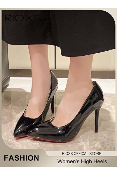 RIOXS أحذية نسائية بكعب عالٍ، أحذية بكعب عالٍ من الجلد اللامع بطول 10 سم، أحذ...