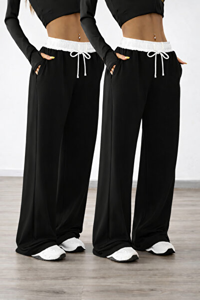 pandy Σετ 2 τεμαχίων γυναικεία φαρδιά φούτερ παντελόνια με λευκή ζώνη και ψηλ...