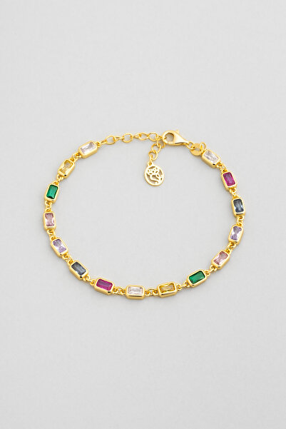 So CHIC... Renkli Aura 18 Ayar Sarı Altın Kaplama 19 Cm Gümüş Bileklik