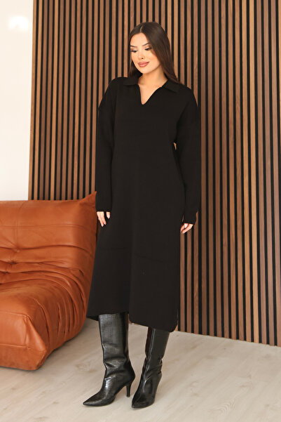 ALCHON V-Neckline Off-Shoulder Long-Sleeved Knee-Length Midi Plain Basic Rela...