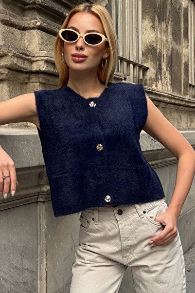 Trend Alaçatı Stili Women's navy blue double pocket soft vest with gold butto...