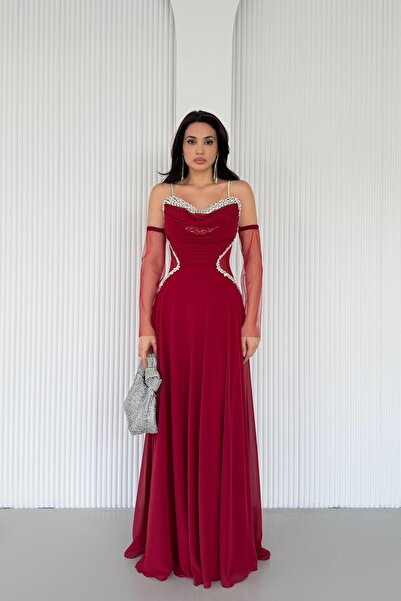 Serica Moda Burgundy Stone Embroidered Tulle Sleeves Waist Detail Evening Dress