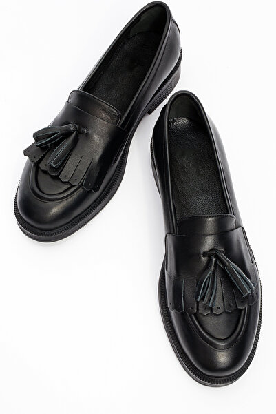 GRADA Tasseled Genuine Leather Skin Black Women's Loafer Shoes Women's Daily ...