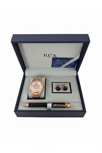 REX Luxury men's set from (REX) - rose gold watch, pen, and elegant cufflinks