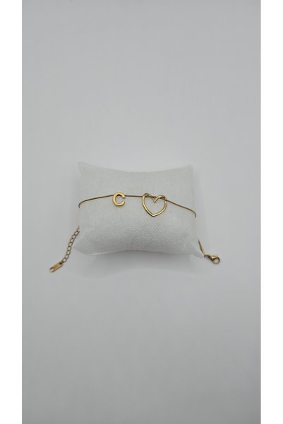 ahsenaksesuar2025 Stainless Steel Gold Color Heart Detailed Letter Bracelet – Letter C
