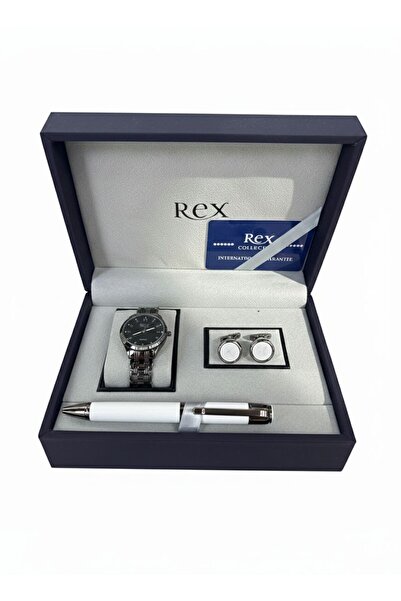 REX Luxury men's gift set – classic watch, cufflinks, and elegant pen in whit...