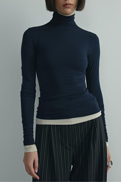 Suud Collection Navy Blue High Neck Tensel Bodysuit