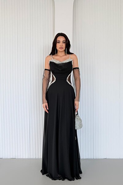 Serica Moda Βραδινό φόρεμα με μαύρο πέτρινο κέντημα με μανίκια από τούλι και ...