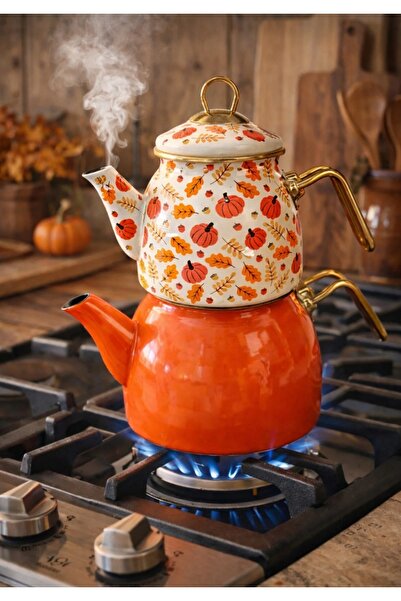 BAYSA Kabak Desenli Emaye Çaydanlık Takımı | Altın Kulplu, Turuncu, Çift Katlı