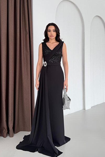 Serica Moda Black Waist Detailed Sequin Embroidered Evening Dress