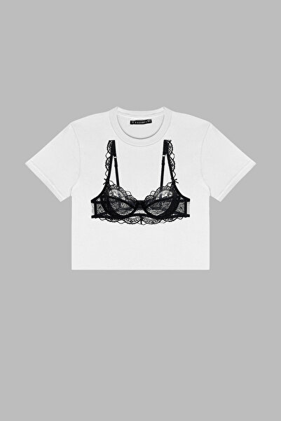 Sekizbiraltı Black Bra Printed White Crop Top