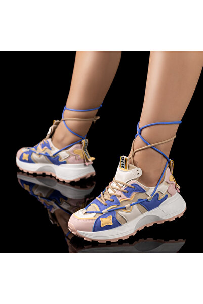 Modlet.ro Women's beige, blue, and pink athletic shoes with laces MOD09622