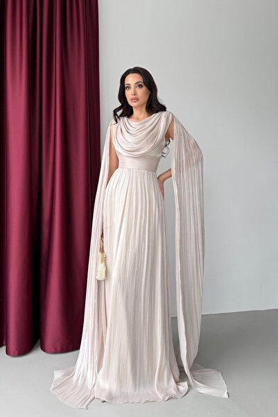 Serica Moda Taş Şifon Dökümlü Pelerin Kollu Uzun Abiye Elbise