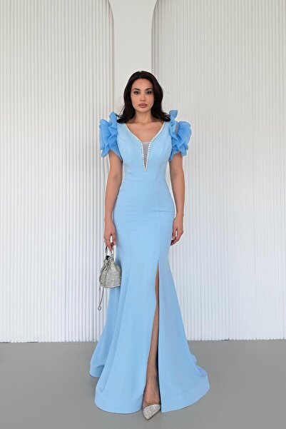 Serica Moda Baby Blue Shoulder Detail V-Neck Stone Embroidered Evening Dress