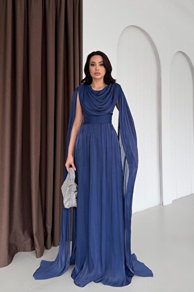 Serica Moda Rochie de seară lungă, din șifon, albastru bleumarin, cu mâneci p...