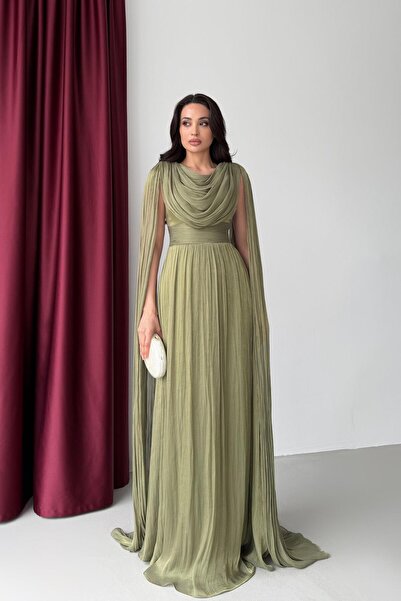 Serica Moda Haki Şifon Dökümlü Pelerin Kollu Uzun Abiye Elbise