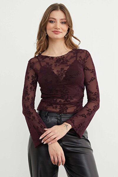 Fulla Moda Floral Patterned Transparent Blouse