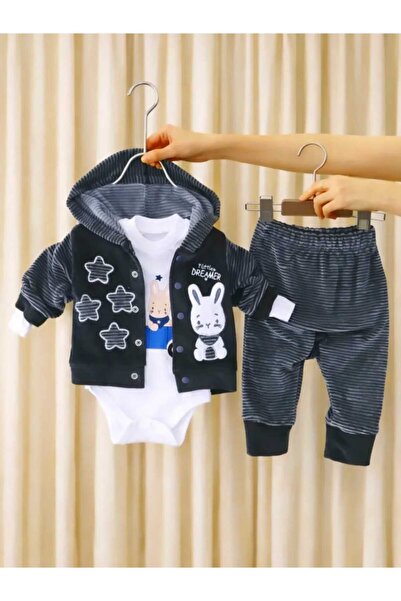 bebe kervanı %100 Pamuklu Kadife Kumaş Kışlık Kapüşonlu 3'lü Erkek Bebek Takı...