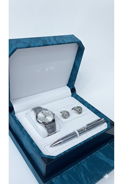 Boutique Complete men's accessory set (3 pieces) in shiny silver