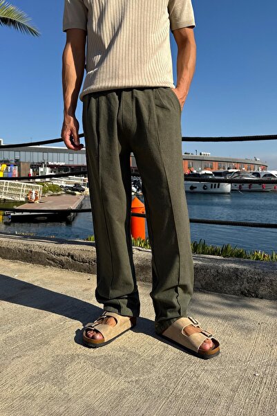 Flaw Wear Pantaloni din in cu talie elastică cu cusături în față, kaki