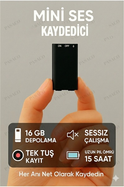PASACO Ultra Mini Ses Kaydedici 16 GB | 15 Saat Pil | Tek Tuş Sessiz HD Kayıt...