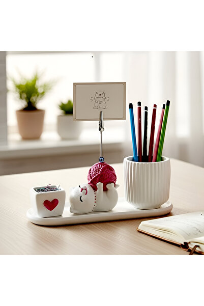 Mira Tasarım Sevimli Kedi Notluk, Kalemlik Seti ve Ataşlık Seti - Masaüstü Dü...