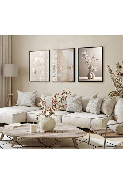 bestablo Minimal Floral Patterned 3-Piece Wooden Painting Set |   Modern Livi...