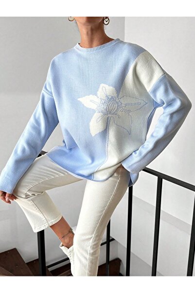 STECCA Bisiklet Yaka Triko Çiçekli Rahat Kalıp