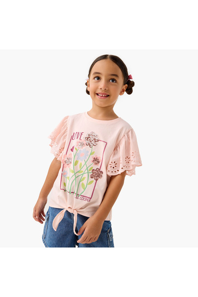 Lee Cooper Floral Sequinned T-shirt with Front Knot Detail