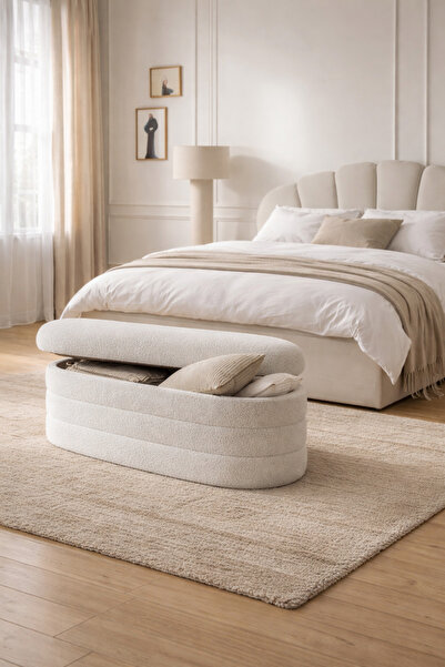 Öztürk Mobilya Design Sandıklı Bench, Yatak Önü, Teddy Kumaş, Beyaz Bench