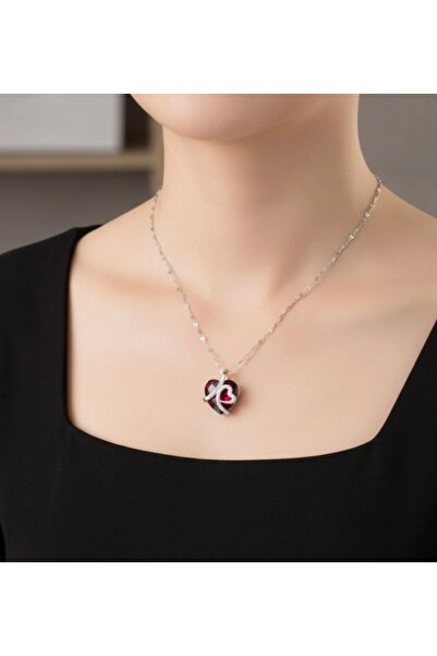 stainless steell gümüş renk zincirli parlak kırmızı taşlı kalp model çelik kolye