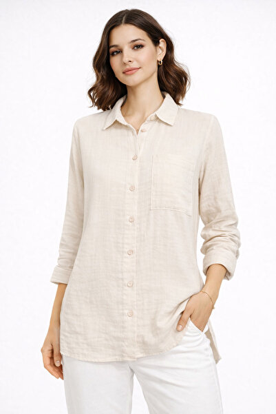 Nuevo Дамска муселинна риза с джобове с копчета, дълги ръкави, свободна кройка -