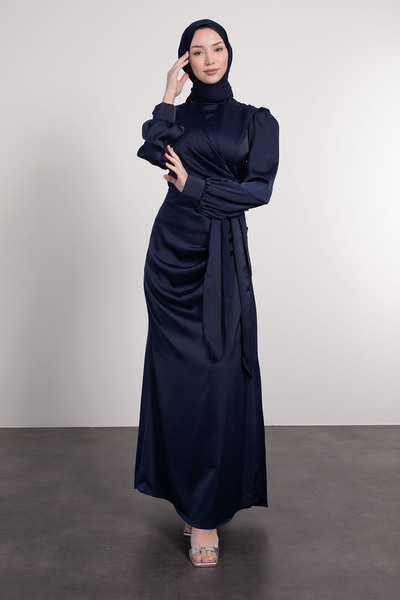 Lamia Giyim Saten Yan Kuşaklı Elbise Lacivert