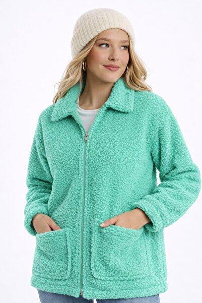 Polo State Women's Full Zip Pocket Detailed Sherpa Jacket Coat Green