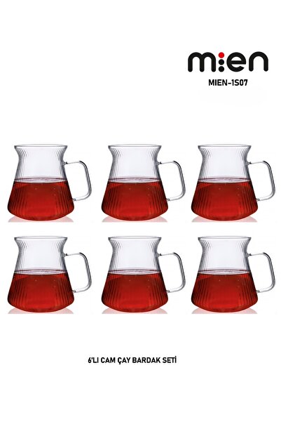 MİEN 6 Kişilik Borosilikat Çizgili Cam Çay Bardağı – 220 ml