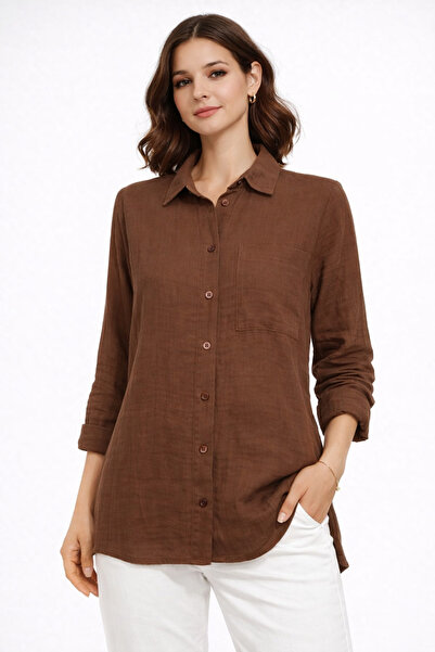 Nuevo Cămașă maro din muselină pentru femei – Cu buzunare, mânecă lungă, croi...