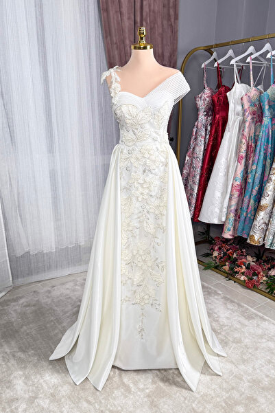 Lenta Moda Beyaz Çiçekli Dantel Kaplama Lizbon Saten Abiye Ve Nikah Elbisesi