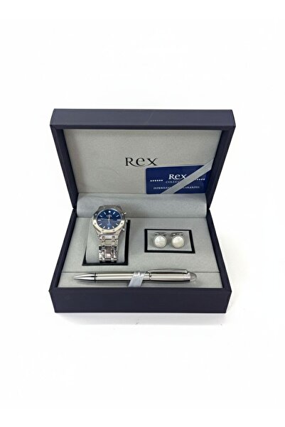 REX Men's accessory set consisting of a watch, pen, and cufflinks, silver col...