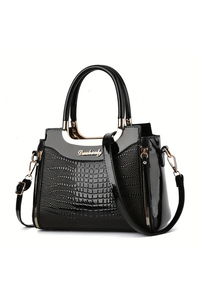 Tcherchi Crocodile Skin Textured Patent Leather Square Handbag, Multi-Pocket ...