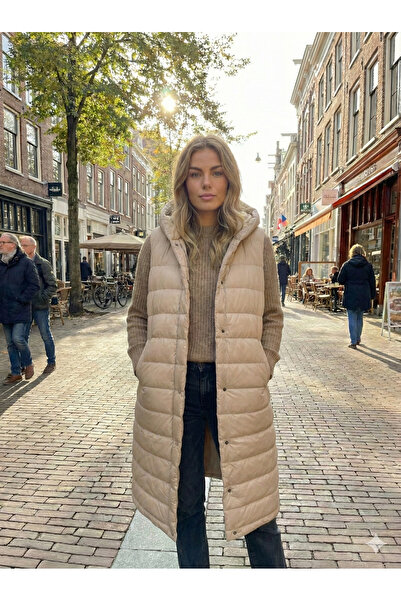 butiksinope Ekshe 167 Kapşonlu Uzun Boy Kadın Puf Yelek