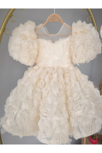 Tomac Kız Bebek Abiye Elbise 3D Gül Dokulu