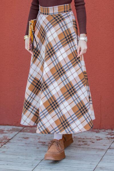 Tesettür Çarşım Ekose Desenli Yün Kaşe Etek-Taba