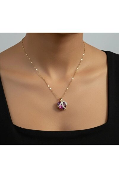 stainless steell gold renk zincirli parlak kalp motifli çelik kolye